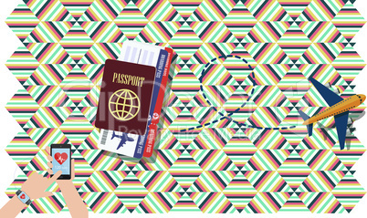 Travel tickets are book from mobile for flights on background texture