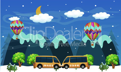 cars parked by snow hills, hot air balloons are flying