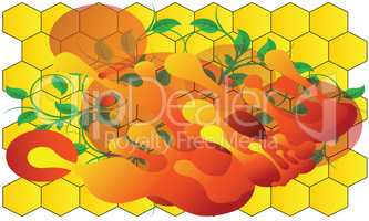 abstract art with green leaves on honey comb background