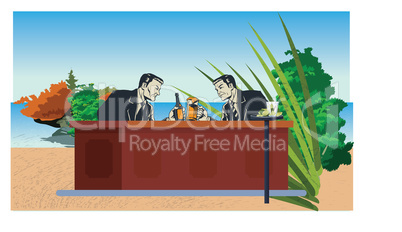 Businessman are drinking beer on beach