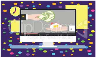 a desktop screen with purchase of house with money on abstract background