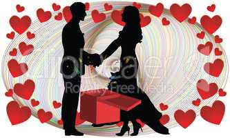 couple dancing with love on abstract heart background with gifts