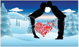 Couple kissing in snow lovely hearts