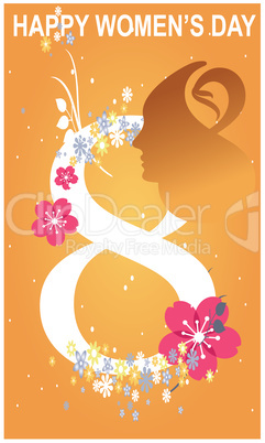 women day invite with date, flowers and abstract lady