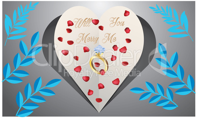 paper cut heart on abstract floral background with ring and rose petals