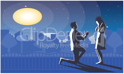 man giving ring to girl in moon light