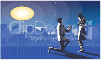 man giving ring to girl in moon light