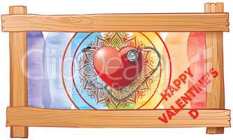 Wooden frame with love and heart on Valentine's Day