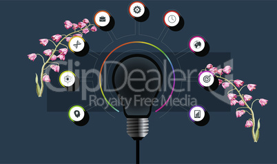 light bulb with components with floral background.