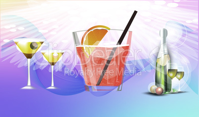 Drinks glasses and bottle on abstract background