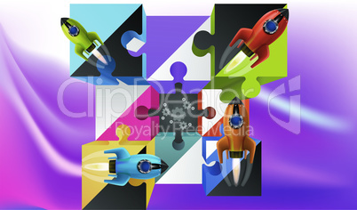 abstract cubes with colored spaceship on wave background