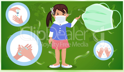 girl wearing mask and using liquid for germs