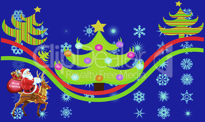 Santa with animal near to Christmas tree on snowflake background