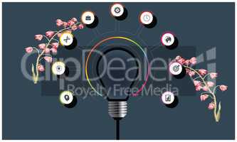 light bulb with components with floral background.