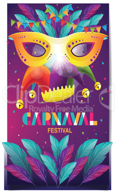 carnival party invite with gold mask and abstract leaves