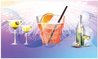 Drinks glasses and bottle on abstract background