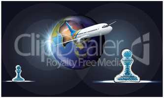 world and chess pawn travel on plane