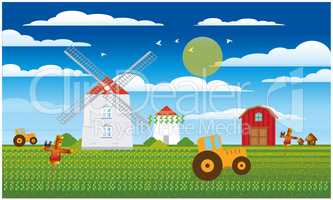 farm view with crops and vehicles