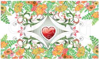 Red Heart of Abstract Design on floral Bed