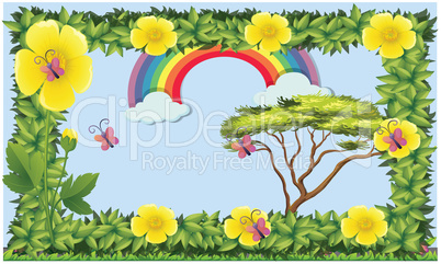 flower frame of rainbow view with butterflies