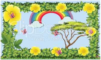 flower frame of rainbow view with butterflies
