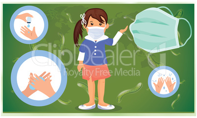 girl wearing mask and using liquid for germs