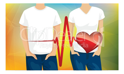 male female with heartbeat on rainbow background