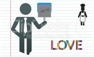 A silhouette of a man with tie holding a sign with - I love you - text.