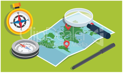 magnify glass, compass to find a world map