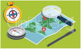 magnify glass, compass to find a world map