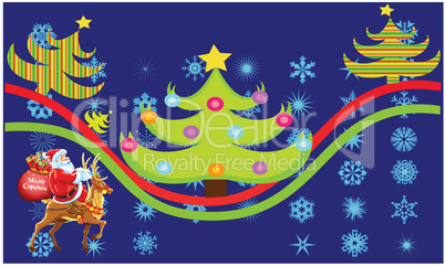 Santa with animal near to Christmas tree on snowflake background