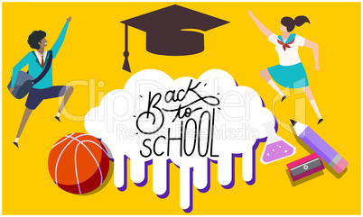 Boy and girl with school components on abstract background