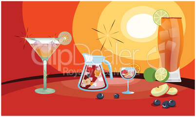 different types of drinks with full of fruits and lemon on sun view background