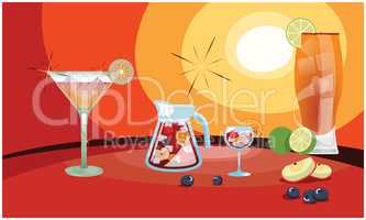 different types of drinks with full of fruits and lemon on sun view background