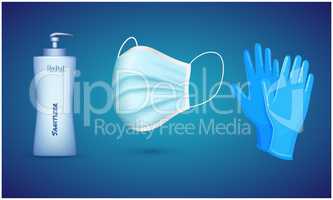 hand sanitizer bottle, face mask and hand gloves on abstract background