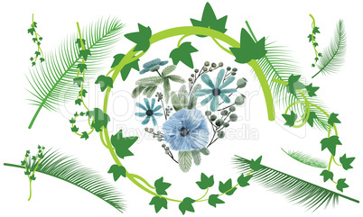 Triangle green leaves covering the circle with blue flowers
