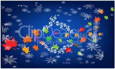 snow and dry color leaves on abstract background