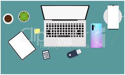 office desk mock up illustration with all electronic devices
