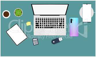 office desk mock up illustration with all electronic devices