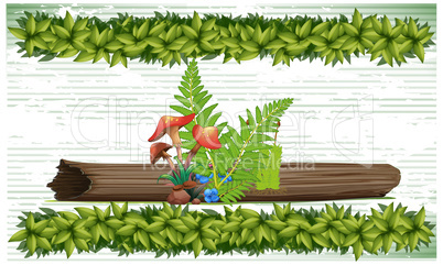 dry wooden tree with small mushroom plants and leaves on abstract background