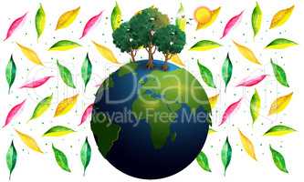 3d illustration of earth with green trees and sun effect on abstract leaves background