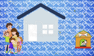 family is enjoying at home with pet animals on abstract background