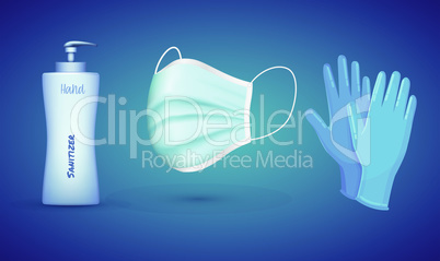 hand sanitizer bottle, face mask and hand gloves on abstract background