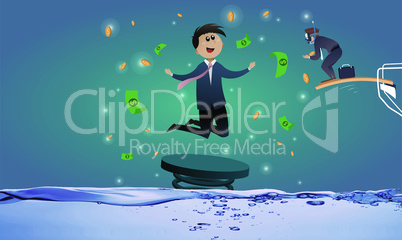 business man jumping from swimming pool to catch money