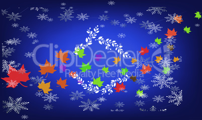 snow and dry color leaves on abstract background