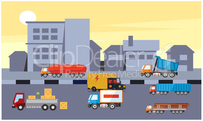 many trucks are ready to transport material in warehouse