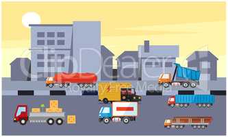 many trucks are ready to transport material in warehouse