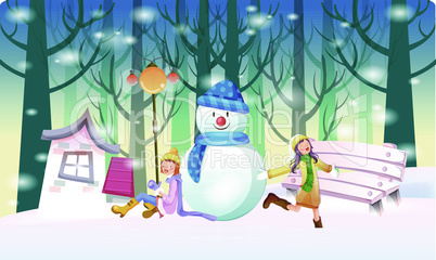 girls are making and playing with snowman in winter