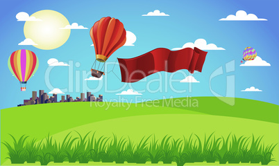 hot air balloon is in the garden near the city