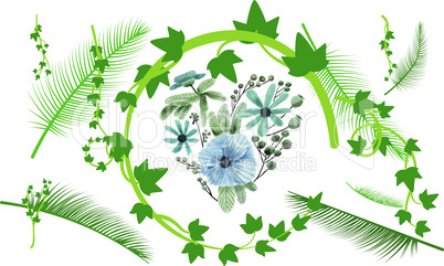 Triangle green leaves covering the circle with blue flowers